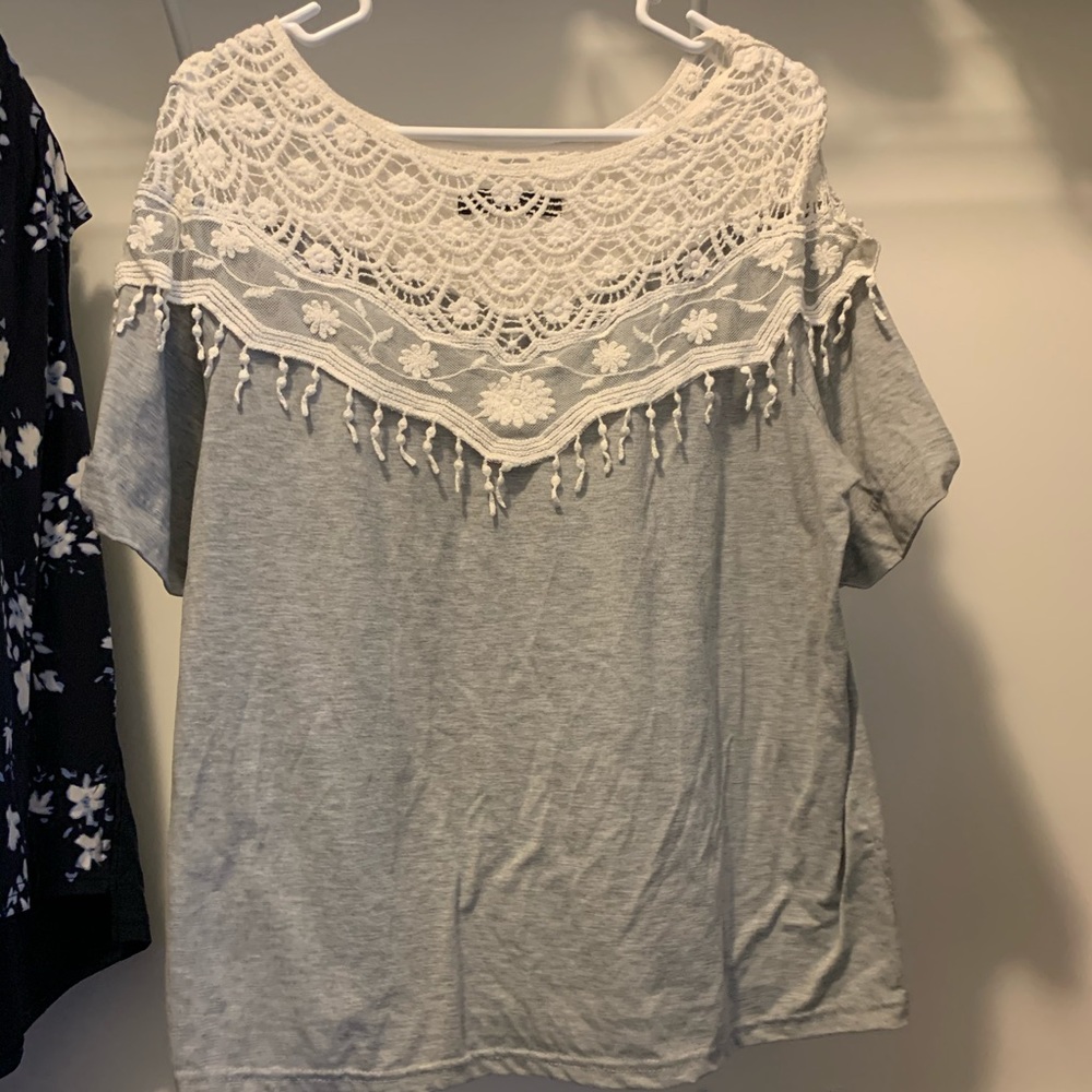 Cream knit top on gray tshirt